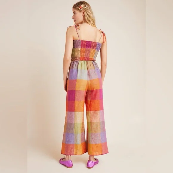 Anthropologie DRA Rainbow Plaid Madras Sierra Smocked Linen Sleeveless Jumpsuit - Picture 2 of 6